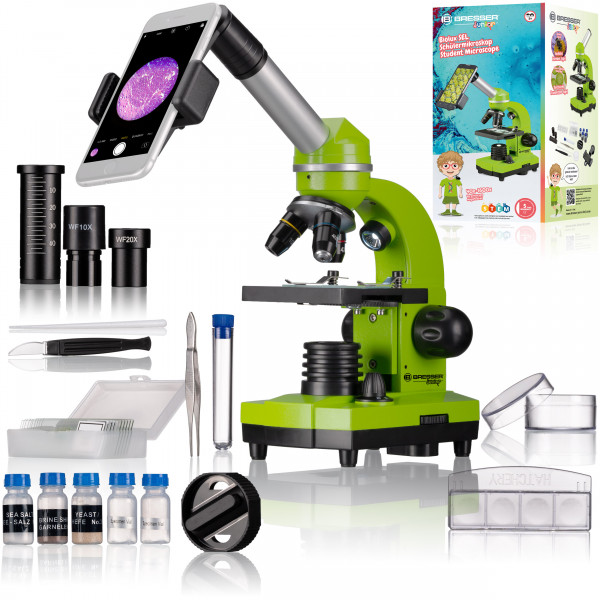 Bresser Junior 40x-1600x BIOLUX mikroskops ar telefona statīvu (zaļš)