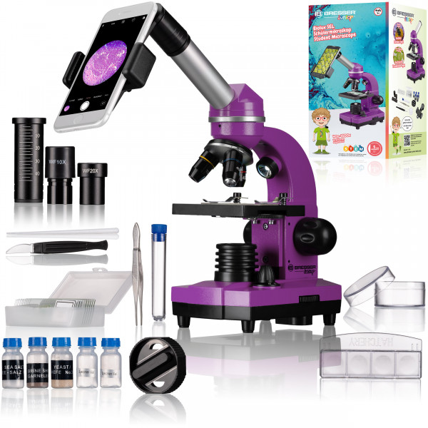 Bresser Junior 40x-1600x BIOLUX mikroskops ar telefona statīvu (violets)
